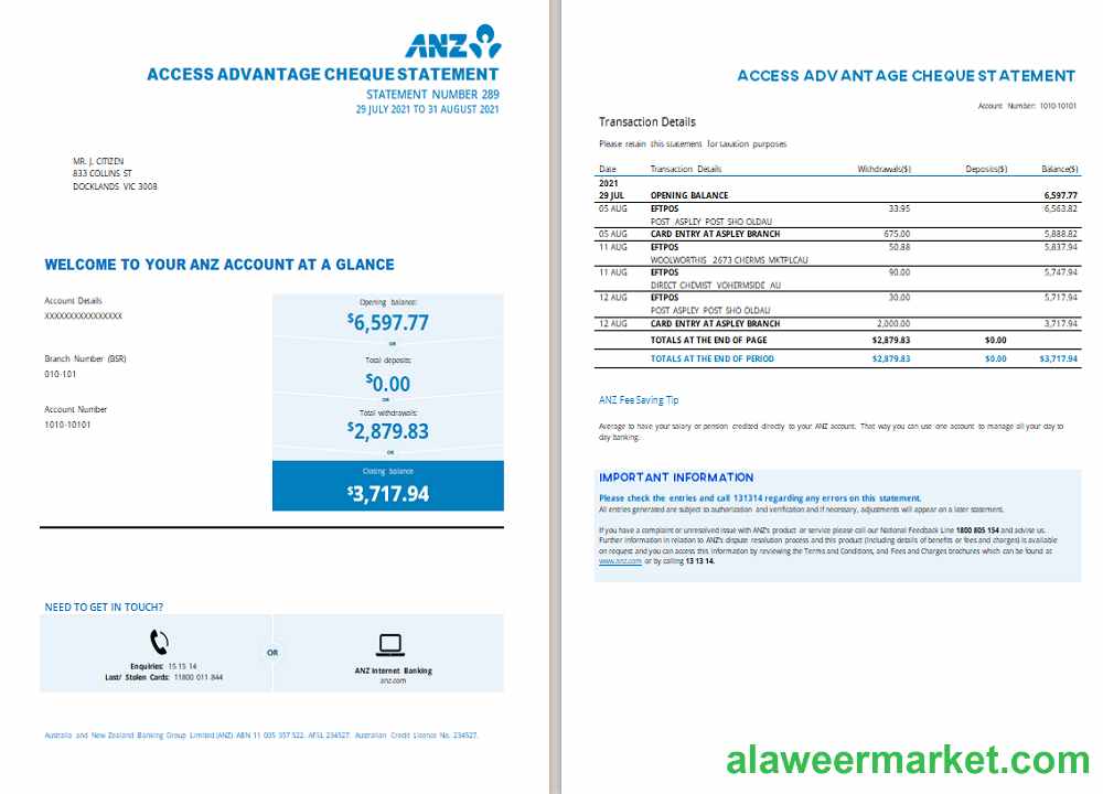 Australia ANZ proof of address bank statement template.1